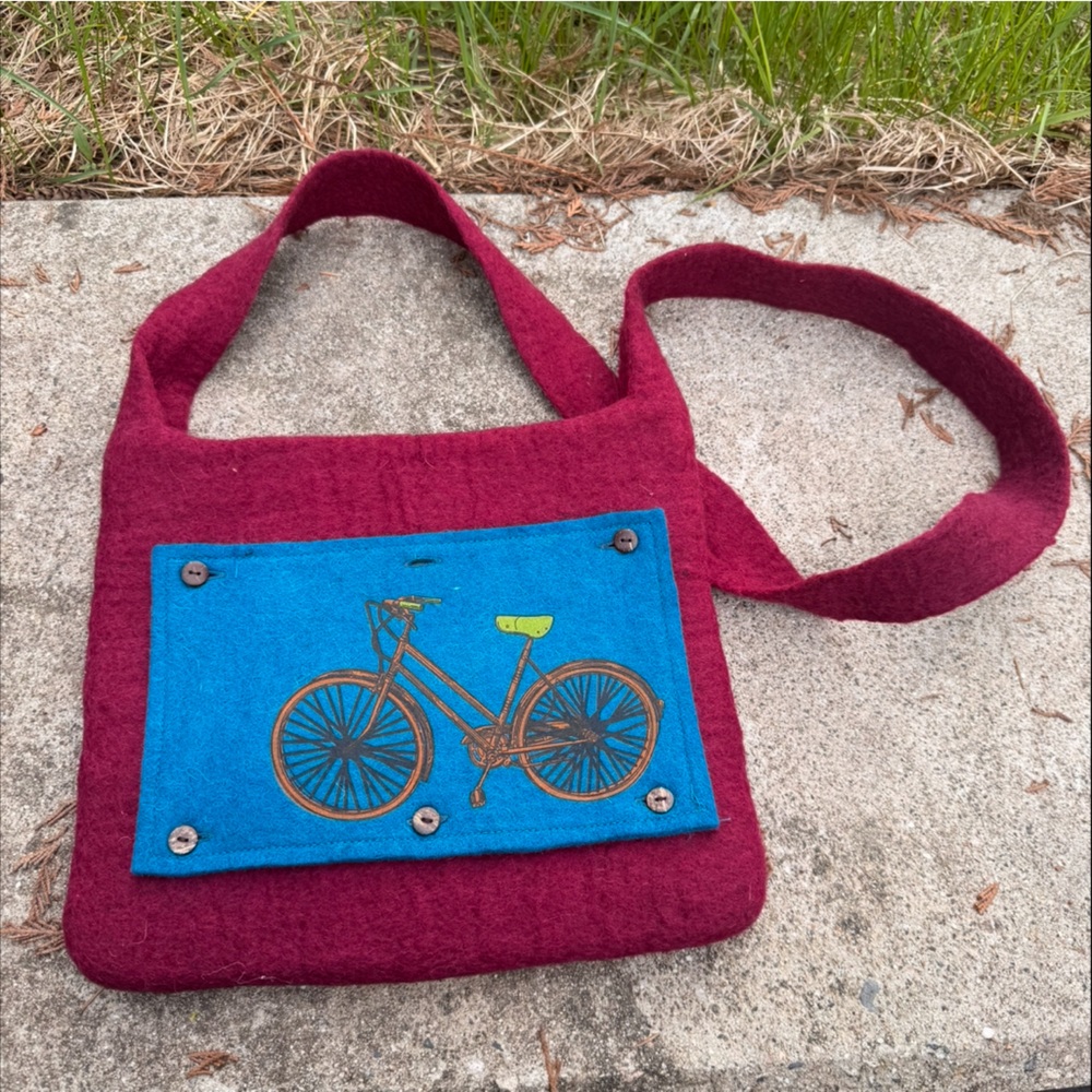 Burgundy and Teal Bicycle Design Shoulder Bag